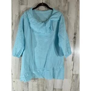 Match‎ Point USA Tunic Size Large Turquoise Blue Asymmetric Collared Frayed Hem